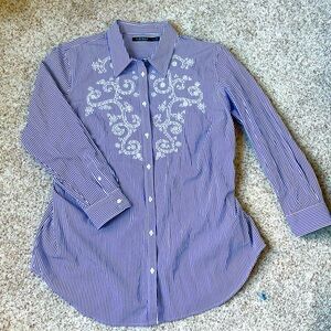 LAUREN RALPH LAUREN Size 2X Women’s Blue and White Stripe Button Down Blouse